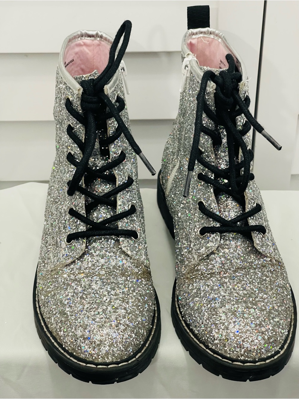 Silver Glitter Combat Boots - Girl’s Fashion Lace-Up With Side Zipper Size 4